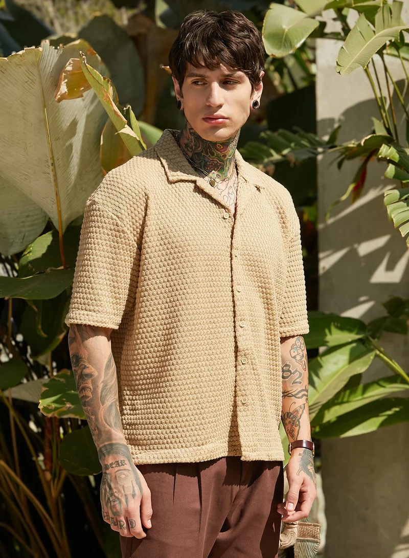 CAHOOT  Men's Buff Beige Oval-Tactile Knit Oversized Shirt For Casual Wear | Cuban Collar | Short Regular Sleeves | Button Closure | Oversized Shirt Crafted With Comfort Fit For Everyday Wear for Men | Best Price UAE